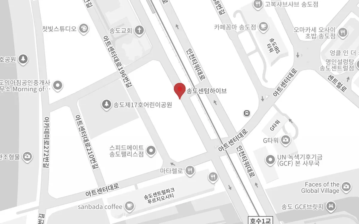 송도센텀하이브 위치 지도 — 인천타워대로와 아트센터대로 교차로 북쪽